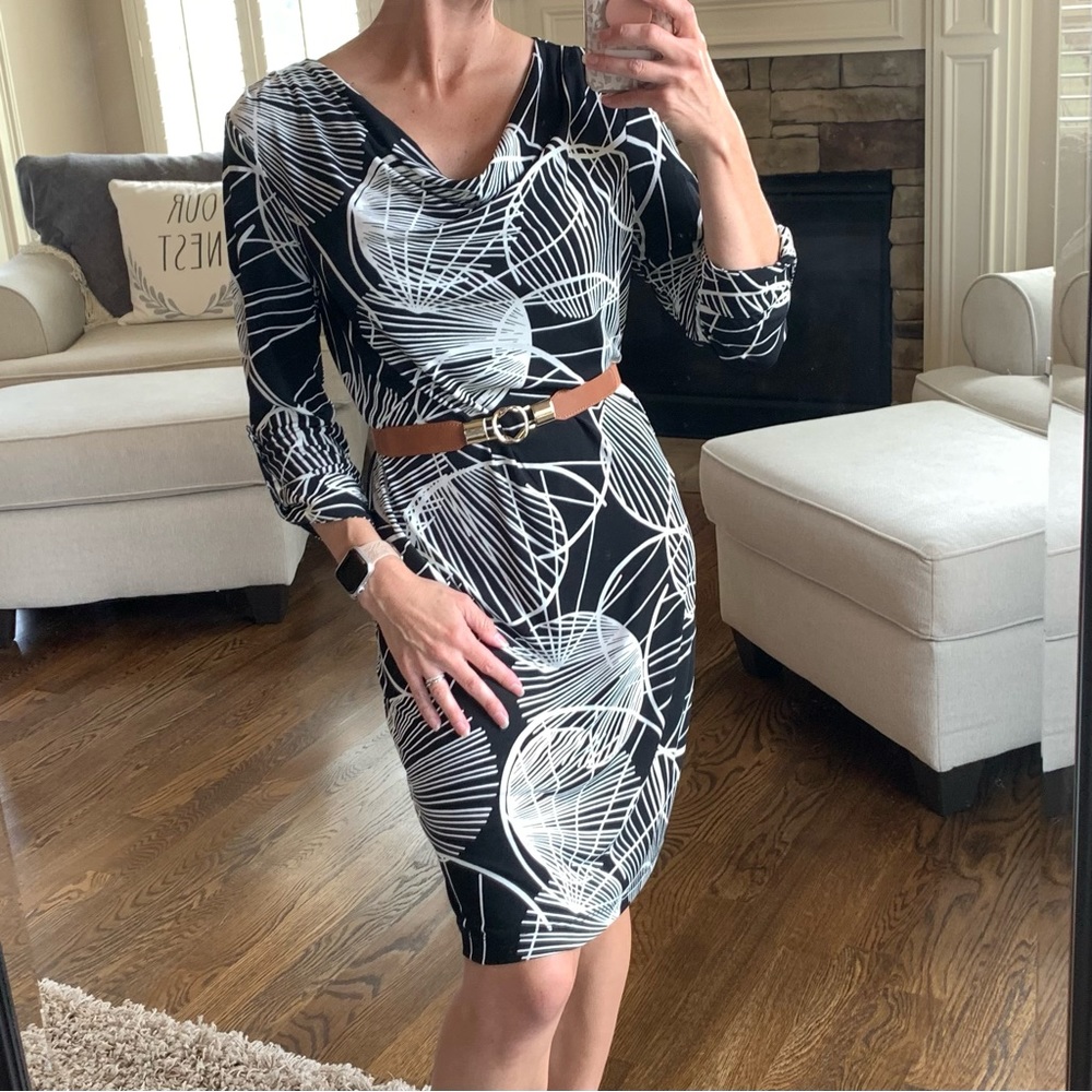 BANANA REPUBLIC Size Small 3/4 Sleeve Cowl Neck Dress Black White Office